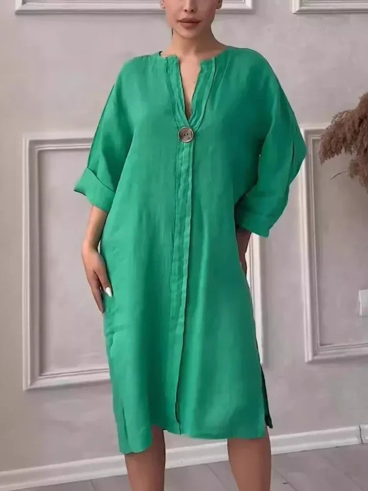 2024 Summer Fashion New Elegant Women's Cotton and Hemp Casual Long Sleeved V-neck Mid Length Commuter Style Solid Color Dress - DOGOMET DIGITAL PLUS