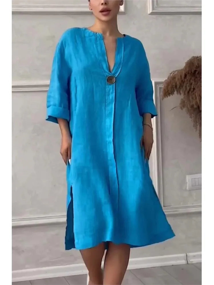 Y2k Long Sleeve Linen Maxi Dress Women Summer2024 Summer Casual Solid Color Party Loose Long Dresses Elegant Vestidos - DOGOMET DIGITAL PLUS
