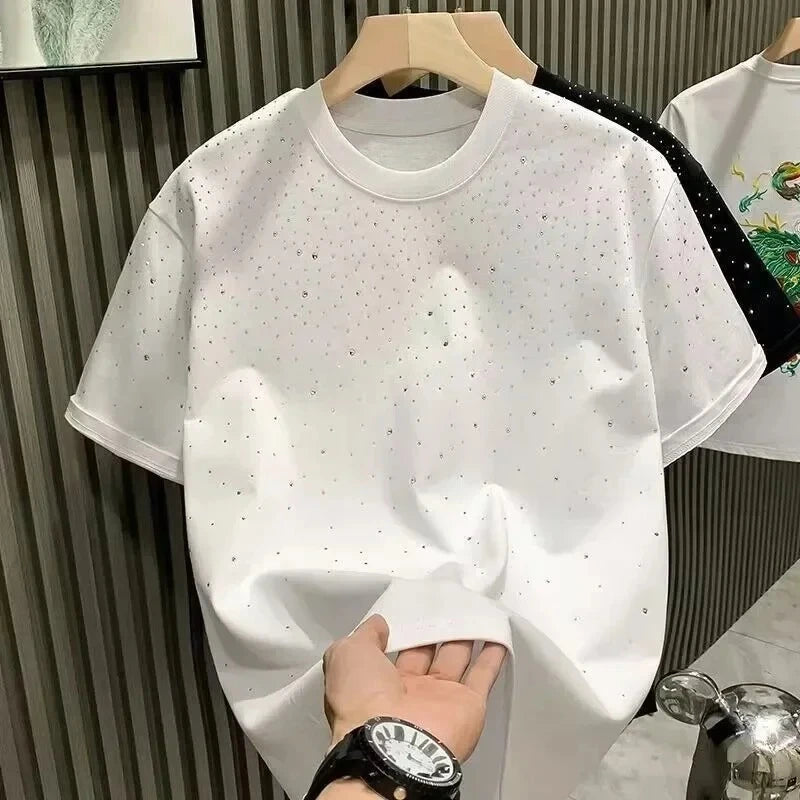 Été strass Rivet T-shirt pour hommes vêtements col rond T-shirt style décontracté mode haute rue 2025 hommes été manches courtes