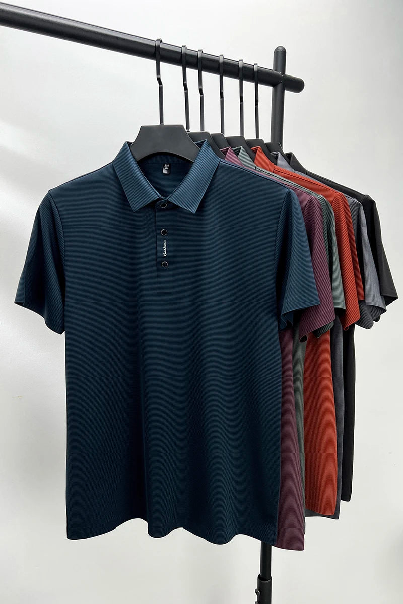 2024 Summer New Short sleeved High end Textured Letter Men's POLO Shirt Comfortable Silk Ice Feel Casual Business lapel T-shirt