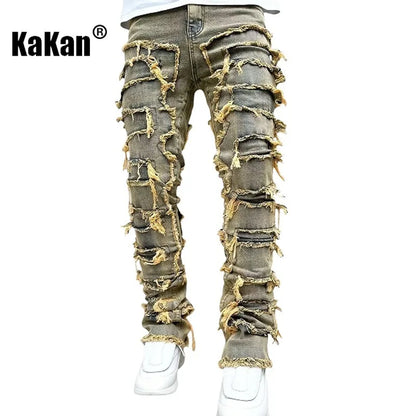Kakan - New Men's Elastic Patch Jeans, Y2k Clothes Street Fashion Straight Leg Pants Long Jeans Jeans Man Brand - DOGOMET DIGITAL PLUS