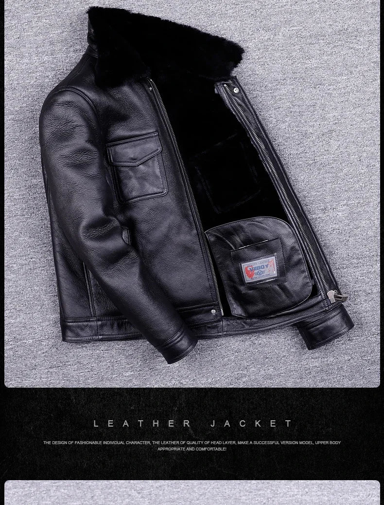 Veste de moto en cuir véritable pour hommes, manteau de fourrure, cuir naturel, chaud, hiver, zones me, SGG1109