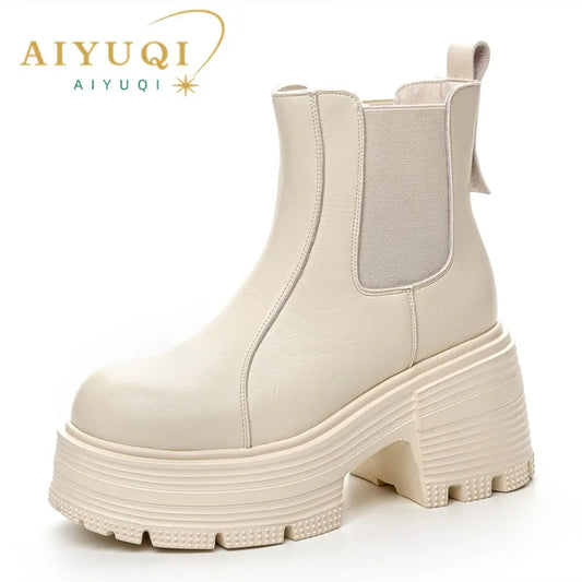 AIYUQI Women Ankle Boots Genuine Leather 9cm Heel High Boots Women Platform High Heel British Style Women Chelsea Booties