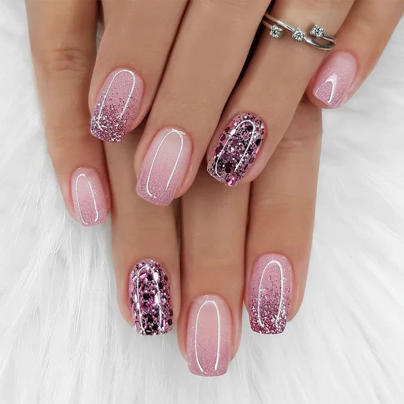 Faux ongles français à paillettes violettes et étoilées, avec strass, doux et Cool, à pression, couverture complète, pointes de manucure en acrylique, 24 pièces