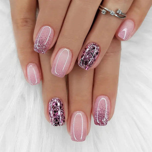 Faux ongles français à paillettes violettes et étoilées, avec strass, doux et Cool, à pression, couverture complète, pointes de manucure en acrylique, 24 pièces