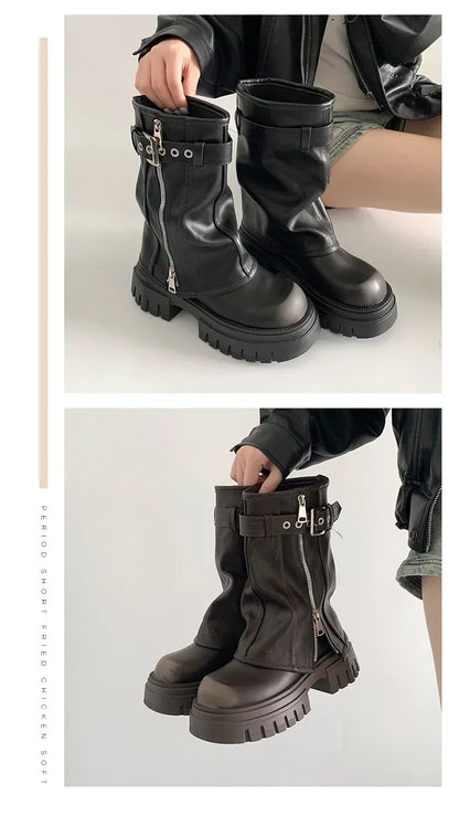 Hiver femmes Biker bottes mode ceinture boucle dames élégant plate-forme longue tuyau chaussons décontracté femmes genou haut chaussons2024 - DOGOMET DIGITAL PLUS