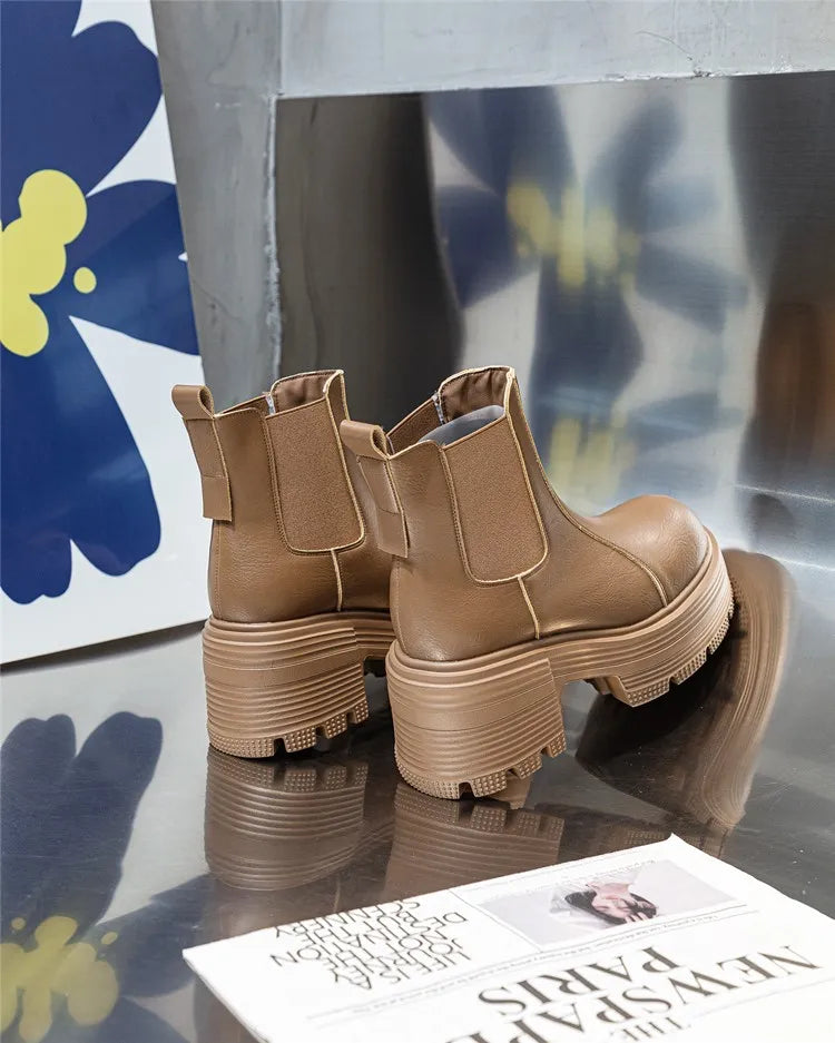 AIYUQI Women Ankle Boots Genuine Leather 9cm Heel High Boots Women Platform High Heel British Style Women Chelsea Booties