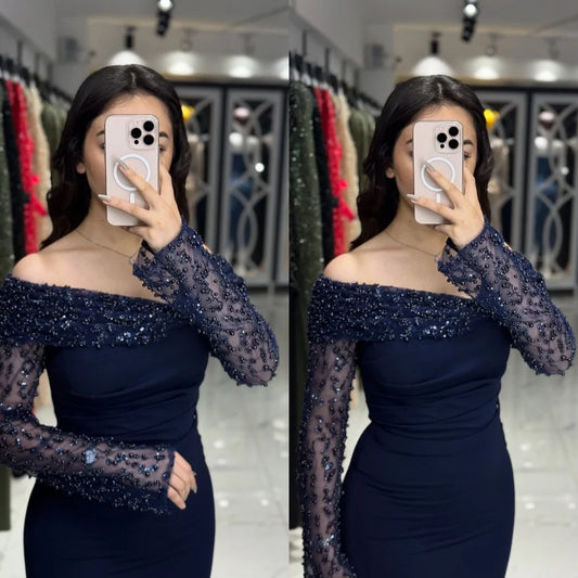 Customized Luxury Off the Shoulder Long Sleeves Evening Dress High Quality Jersey Prom Dresses Temperament Crystal Party Gowns