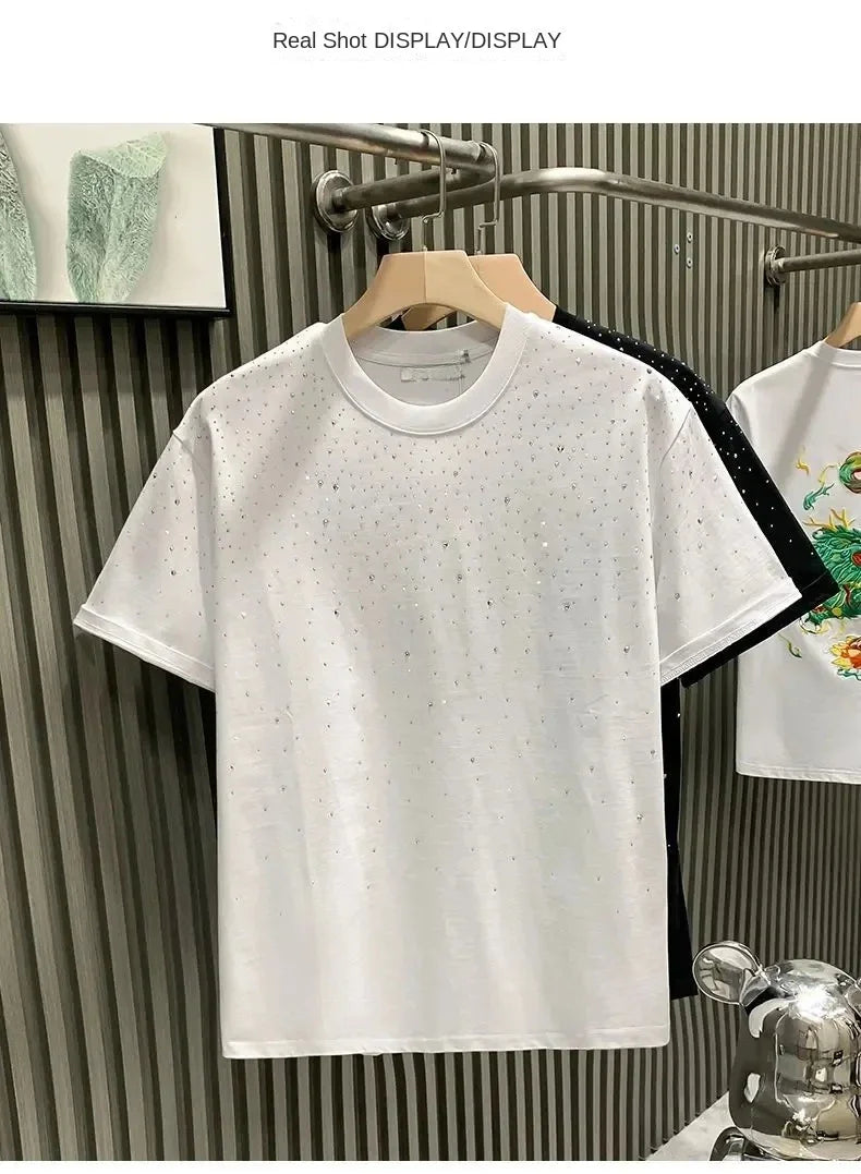 Été strass Rivet T-shirt pour hommes vêtements col rond T-shirt style décontracté mode haute rue 2025 hommes été manches courtes