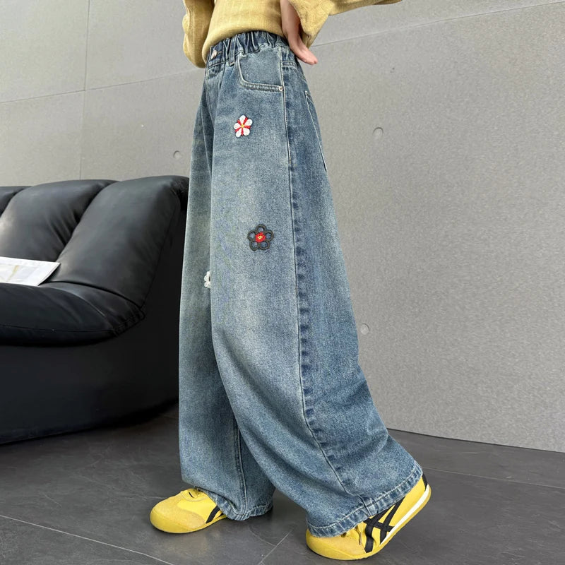 Jean Baggy pour enfants, Design à la mode, avec broderie de fleurs, pantalon en Denim décontracté à jambes larges pour adolescentes, pantalon tendance pour enfants