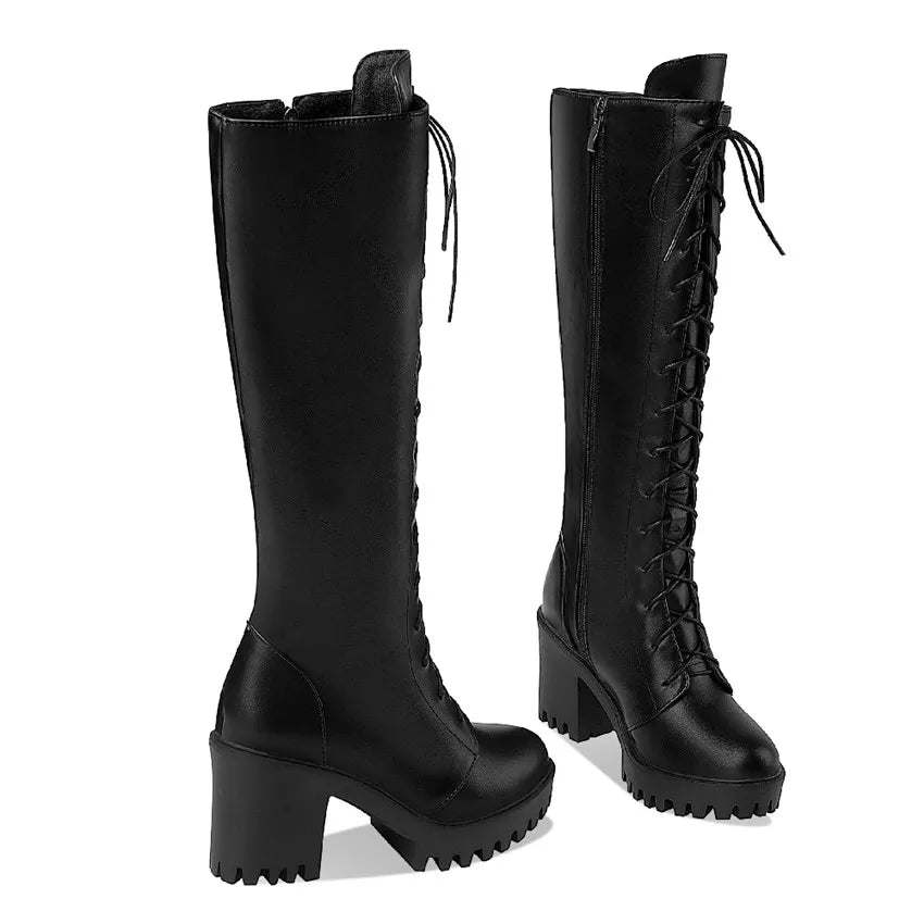 Bottes hautes britanniques pour femmes, blanc et noir, robe de soirée et de bureau, bout rond, talons bloc, fermeture éclair, longues bottes à plateforme d'équitation, hiver - DOGOMET DIGITAL PLUS