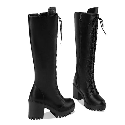 Bottes hautes britanniques pour femmes, blanc et noir, robe de soirée et de bureau, bout rond, talons bloc, fermeture éclair, longues bottes à plateforme d'équitation, hiver - DOGOMET DIGITAL PLUS