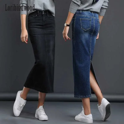 Classic Denim Women 2023 Long Jean Skirt High Waist Pencil Skirt Ladies Stretch Black Blue Faldas Largas Jupe Longue Femme