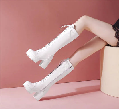 Bottes hautes britanniques pour femmes, blanc et noir, robe de soirée et de bureau, bout rond, talons bloc, fermeture éclair, longues bottes à plateforme d'équitation, hiver - DOGOMET DIGITAL PLUS