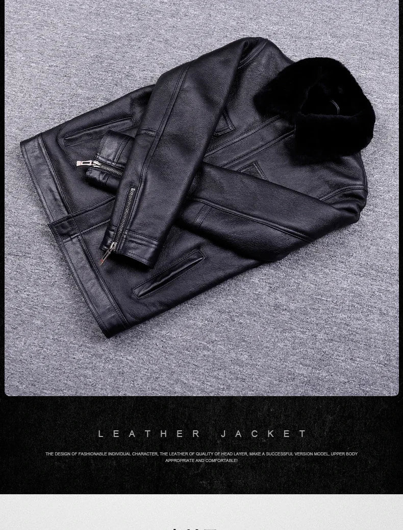 Veste de moto en cuir véritable pour hommes, manteau de fourrure, cuir naturel, chaud, hiver, zones me, SGG1109