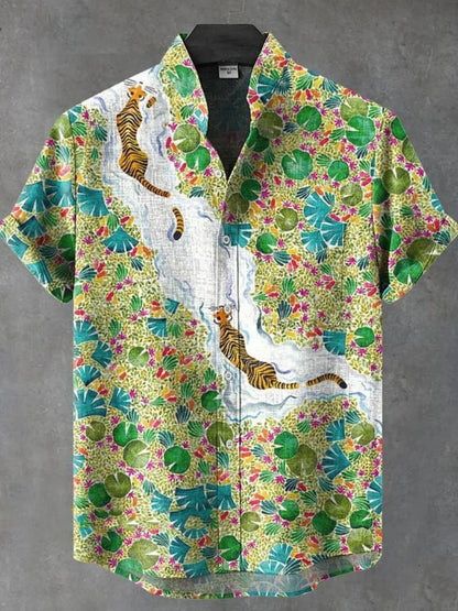 2025 nouvelle chemise à col montant pour hommes, chemise boutonnée cardigan imprimé samouraï japonais, chemise pour hommes à manches courtes en lin rétro