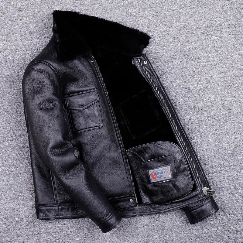 Veste de moto en cuir véritable pour hommes, manteau de fourrure, cuir naturel, chaud, hiver, zones me, SGG1109