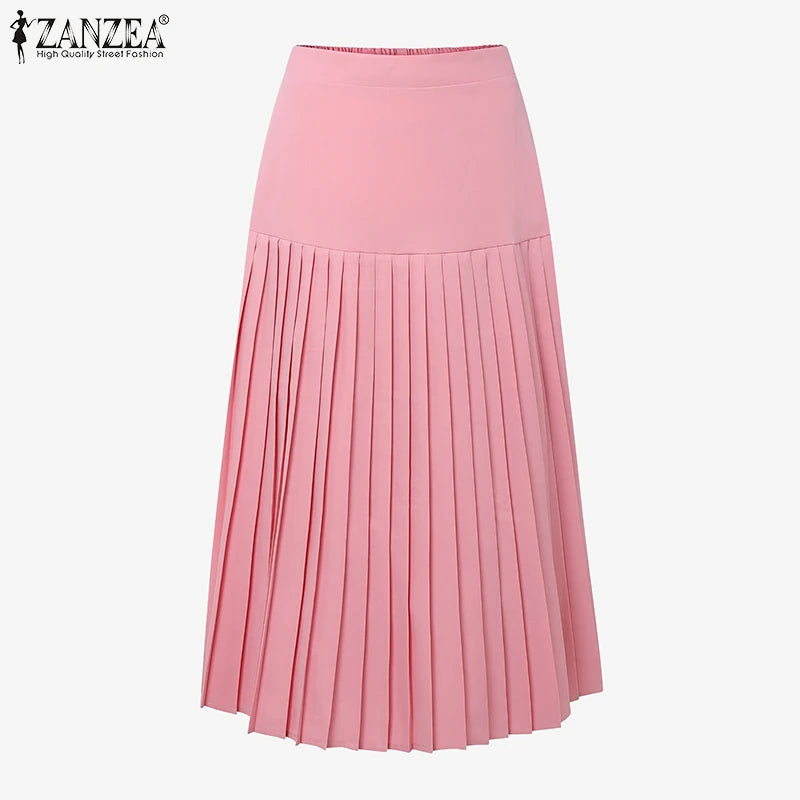 ZANZEA élégant a-ligne Jupes plissées femmes mode taille haute Patchwork Midi Faldas Mujer bureau déplacements solide Jupes Femme