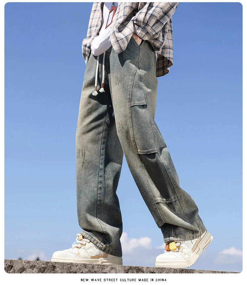 Jean pour hommes, style américain, vintage, délavé, épissage de plis, modèles de printemps et d'automne, pantalons droits amples