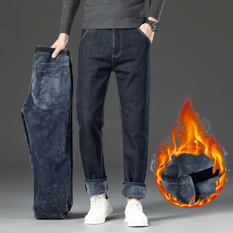 28-40 grande taille hiver hommes en peluche épais polaire pantalon laine d'agneau thermique jean pantalons décontractés coupe-vent chaud coton Denim pantalon
