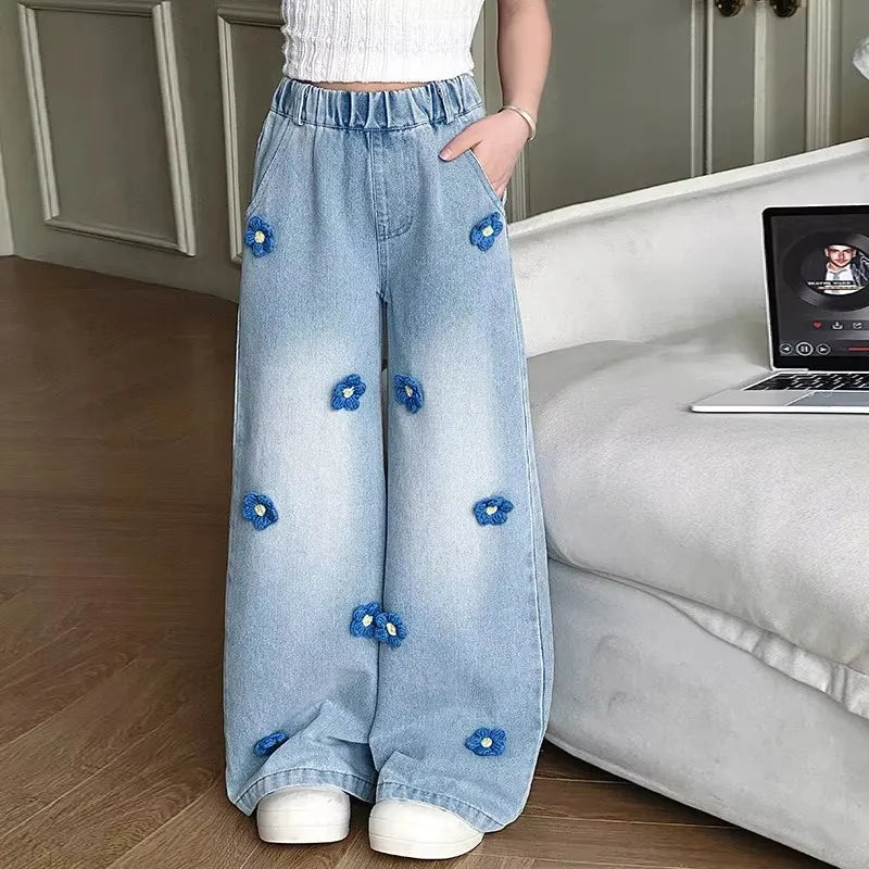 Jean Baggy à Fleurs pour Adolescente, Pantalon en Denim à Jambes Larges, à la Mode, pour Enfant
