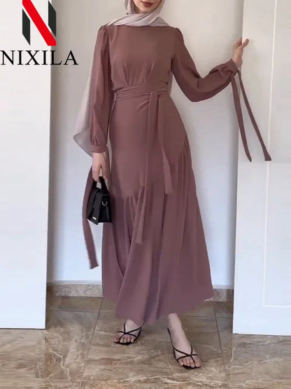 Women Eid Muslim Ensemble Two-Piece Set with Blouse And Skirt Islamic Kaftan Arab Casual Autumn Belted Ramadan Spliced Jalabiy