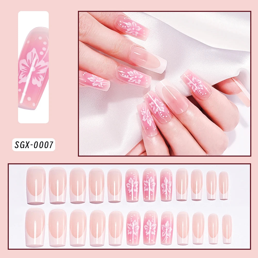 Faux ongles français imprimé léopard rose, 24 pièces, tête carrée courte, nœud papillon noir 3D, couverture complète en acrylique, à pression