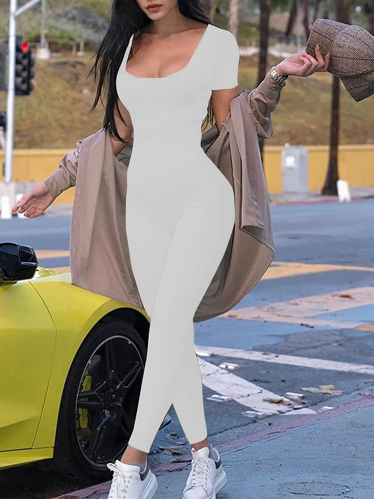 Barboteuse à manches courtes pour femmes, couleur unie, slim, batterie con, combinaisons, sport, fitness, décontracté, activité, streetwear, salopette