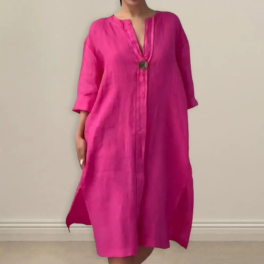 Summer Women Dress V Neck Side Split Loose Pullover Button Pure Color Long Sleeves Casual Daily Wear Midi Dress - DOGOMET DIGITAL PLUS
