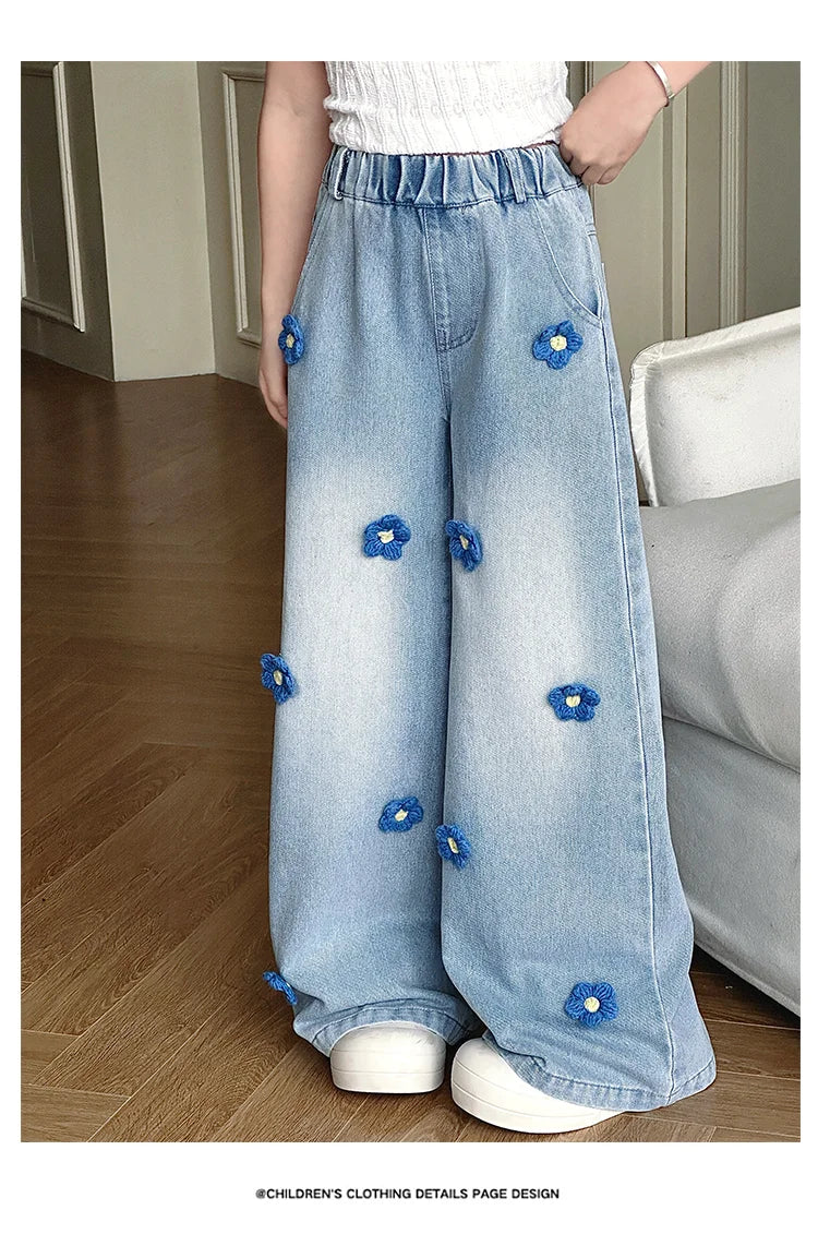 Jean Baggy à Fleurs pour Adolescente, Pantalon en Denim à Jambes Larges, à la Mode, pour Enfant