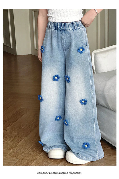 Jean Baggy à Fleurs pour Adolescente, Pantalon en Denim à Jambes Larges, à la Mode, pour Enfant