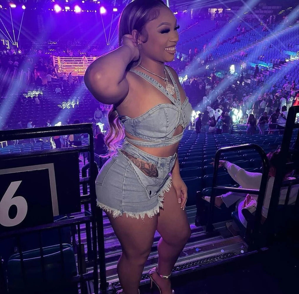 Ensemble court en Jean Sexy pour femmes, haut court en Denim à bretelles et Short découpé, vêtements d'été, Streetwear, deux tenues de Club 2 pièces, 2025