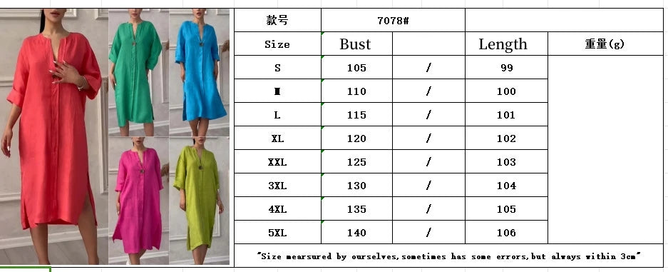 Loose V-neck Two Side Slit Pullover Dress 2024 Women's New Cotton And Linen Solid Color Casual Long-Sleeved Button Maxi Dress - DOGOMET DIGITAL PLUS