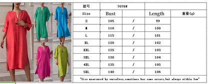 Loose V-neck Two Side Slit Pullover Dress 2024 Women's New Cotton And Linen Solid Color Casual Long-Sleeved Button Maxi Dress - DOGOMET DIGITAL PLUS
