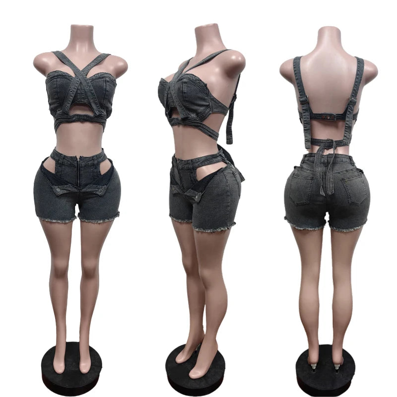 Ensemble court en Jean Sexy pour femmes, haut court en Denim à bretelles et Short découpé, vêtements d'été, Streetwear, deux tenues de Club 2 pièces, 2025