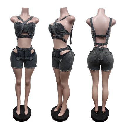 Ensemble court en Jean Sexy pour femmes, haut court en Denim à bretelles et Short découpé, vêtements d'été, Streetwear, deux tenues de Club 2 pièces, 2025