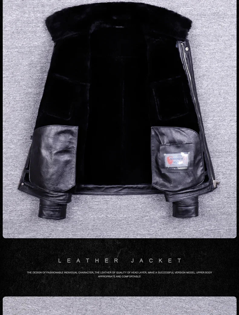 Veste de moto en cuir véritable pour hommes, manteau de fourrure, cuir naturel, chaud, hiver, zones me, SGG1109
