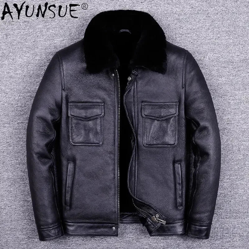 Veste de moto en cuir véritable pour hommes, manteau de fourrure, cuir naturel, chaud, hiver, zones me, SGG1109