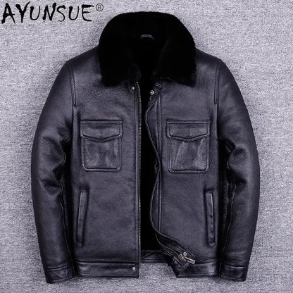 Veste de moto en cuir véritable pour hommes, manteau de fourrure, cuir naturel, chaud, hiver, zones me, SGG1109