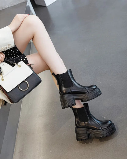 AIYUQI Women Ankle Boots Genuine Leather 9cm Heel High Boots Women Platform High Heel British Style Women Chelsea Booties