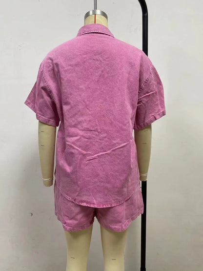 2025 Summer Women's Fashion Casual Loose Short Sleeve Shirt Denim Shorts Set Ensemble Femme 2 Pièces Été