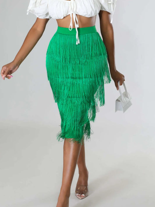 Women's High Waist Fringe Skirt Tiered Drums with Sheath Midi Skirts Tassel Plus Size Elegant Modest Party Rh Dance Wear