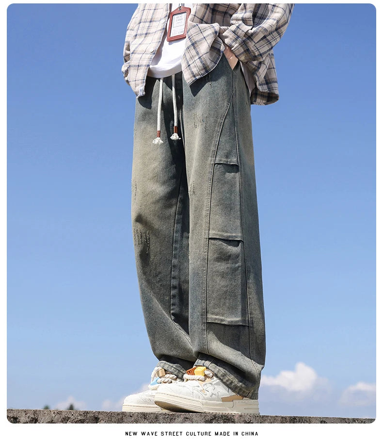 Jean pour hommes, style américain, vintage, délavé, épissage de plis, modèles de printemps et d'automne, pantalons droits amples