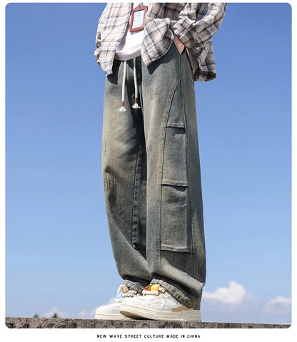 Jean pour hommes, style américain, vintage, délavé, épissage de plis, modèles de printemps et d'automne, pantalons droits amples