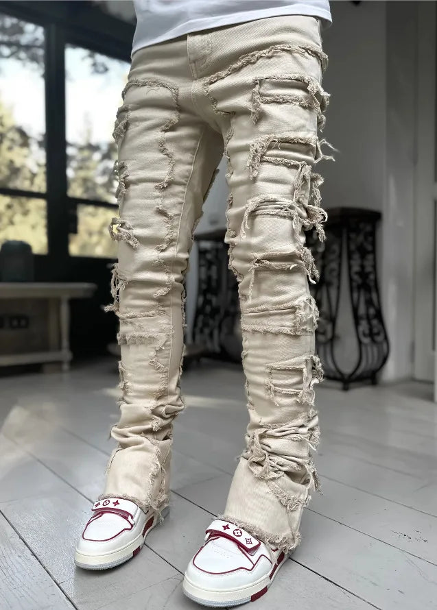 Kakan - New Men's Elastic Patch Jeans, Y2k Clothes Street Fashion Straight Leg Pants Long Jeans Jeans Man Brand - DOGOMET DIGITAL PLUS