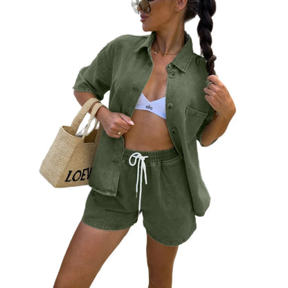 2025 Summer Women's Fashion Casual Loose Short Sleeve Shirt Denim Shorts Set Ensemble Femme 2 Pièces Été