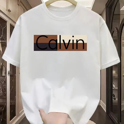 T-shirt à manches courtes et col rond pour hommes, 100% pur coton, à la mode, sport décontracté, ample, motif Calvin imprimé, été