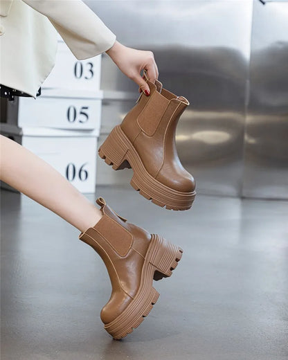 AIYUQI Women Ankle Boots Genuine Leather 9cm Heel High Boots Women Platform High Heel British Style Women Chelsea Booties