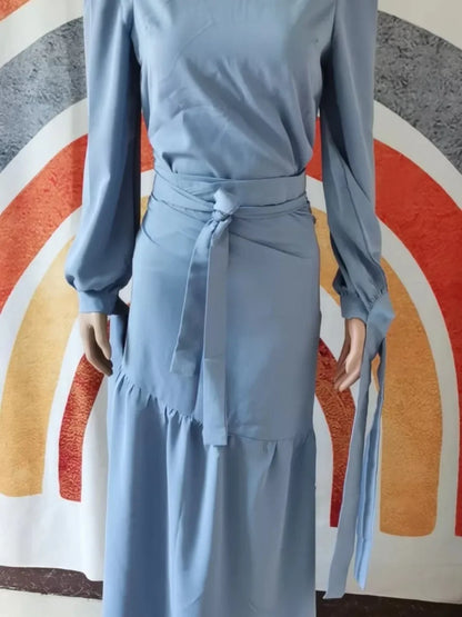 Women Eid Muslim Ensemble Two-Piece Set with Blouse And Skirt Islamic Kaftan Arab Casual Autumn Belted Ramadan Spliced Jalabiy