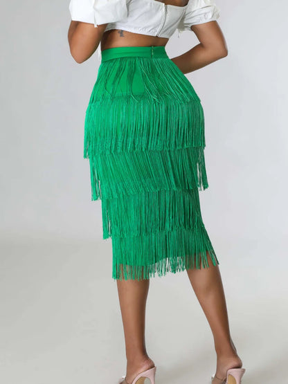 Women's High Waist Fringe Skirt Tiered Drums with Sheath Midi Skirts Tassel Plus Size Elegant Modest Party Rh Dance Wear